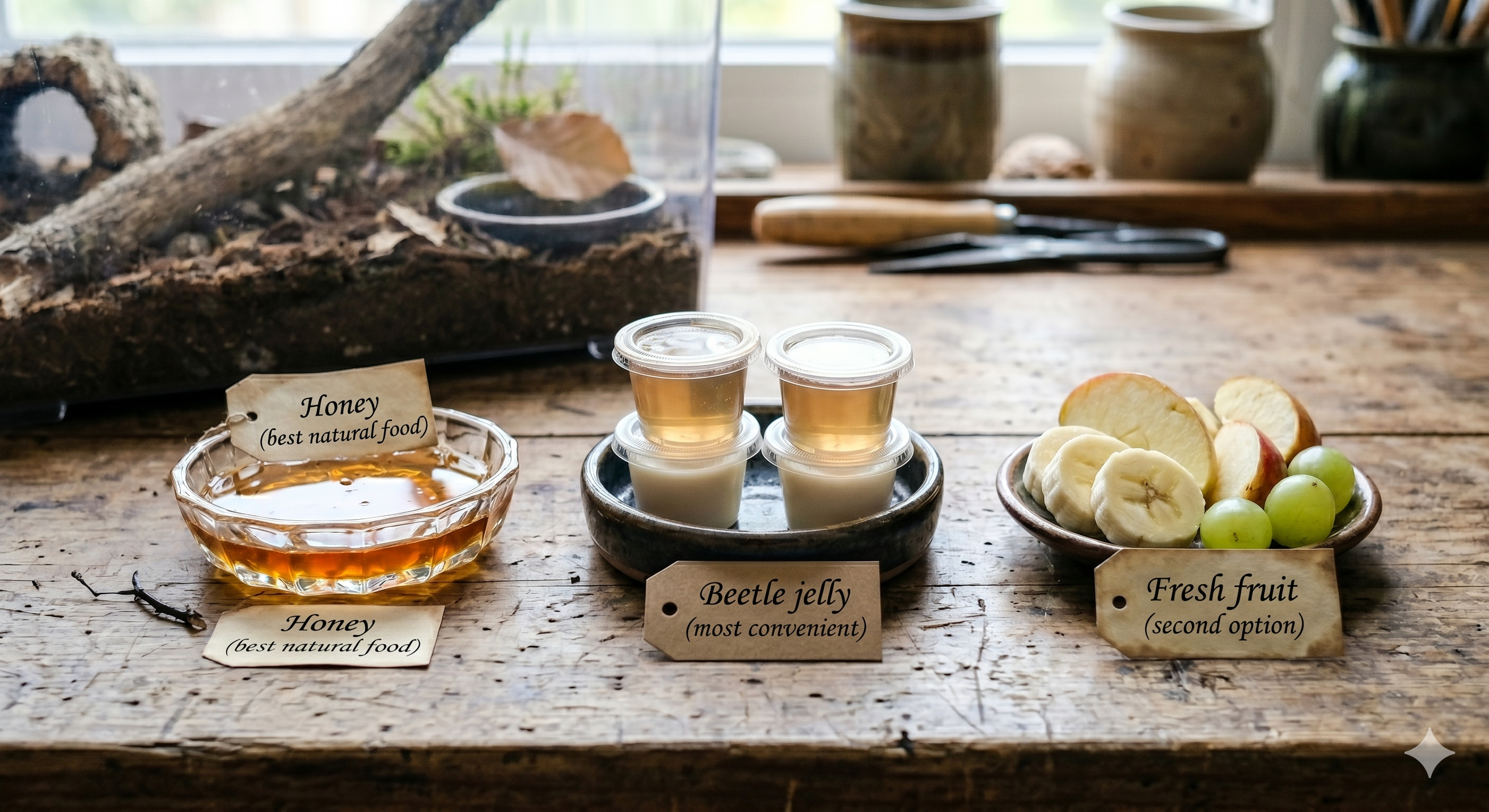 Beetle food options — honey, beetle jelly, and fresh fruit